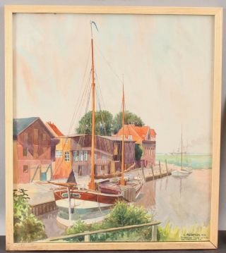 1930 Antique Christian Hadenfeldt Freiburg Germany Fishing Boat Harbor Painting