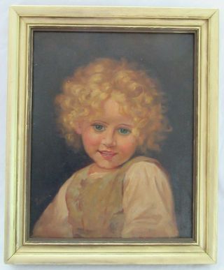 Antique Oil Painting Little Girl Child 1920 Portrait Folk Art Country