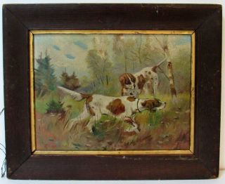 2 English Pointer Dogs Antique Oil Painting Outdoor Scene
