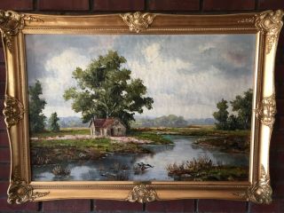 Large German Landscape Oil Painting By R.  Huber