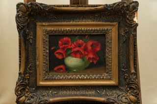 Antique Old 1800s Signed Oil Painting On Wood Still Life Poppy Framed 19th C Art