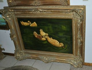 Very Large Old Ducks Painting By Listed Artist Oil Canvas