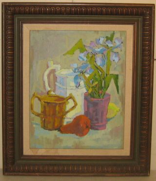 Mid Century Modern Still Life W Flowers & Fruit Oil Painting - Ironstone Pitcher