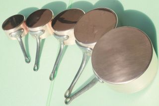Vintage Copper Pan Sauce Pan Set Of 5 Tin Lined Cast Iron Handles 8.  2lbs