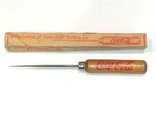 Vintage Coca - Cola Coke Wood Handle Ice Pick W Box Advertising,  Nos