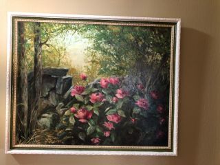 . Mid Century Floral Garden Painting Oil On Masonite By J.  M.  Iannotti 16” By 20”