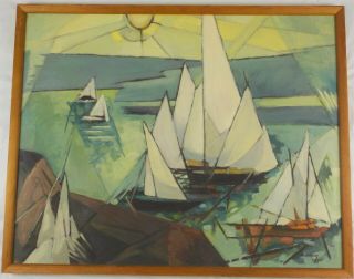 1962 Abstract Expressionist Oil Painting Sailboats In The Sun By Robinson Murray