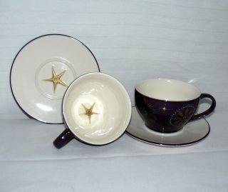 Starbucks 2006 12 Oz Pair Set Of 2 Cups And Saucers Purple Stars Mugs And Plates