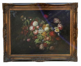 48 " Large Oil Painting Canvas Signed M.  Leonardo Still Life Flowers