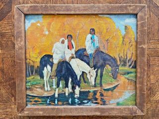 American Indian Horseback Oil Painting Western 1930s Wpa Impressionist Landscape