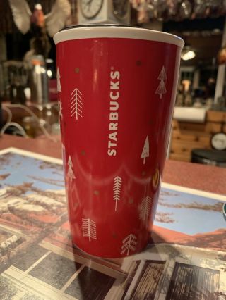 Starbucks 2018 Red Tree Holiday Ceramic Tumbler Travel Coffee Mug 12 Oz