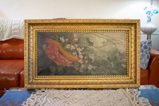 1800s Victorian Flower Still - Life Oil Canvas Painting Ornate Wood Frame