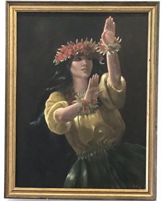 Oil On Canvas Hula Dancer Painting By Hawaiian Artist Mary Koski