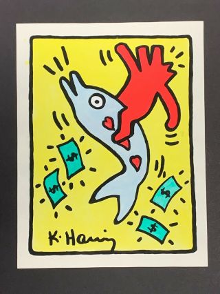 Vintage Keith Haring Signed Pop Art Painting On Paper Figure On Dolphin 11 X 8.  5