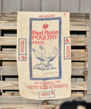 Vintage Eshelman Red Rose Poultry Feed Cloth Feed Bag,  Lancaster Pa,  Est.  1842