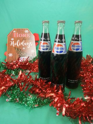 Vintage 3 Pepsi Cola Glass " One Pint " Full 16 Oz Bottle Sodas With Case