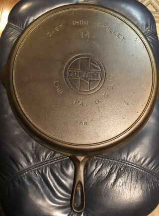Vintage Griswold 14 Cast Iron Skillet Pan Large Block Logo 718 With Heat Ring