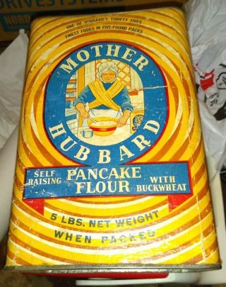 Mother Hubbard Pancake Flour Can,  30s Vintage Metal Tin,  Mankato Minn,  Paper Label