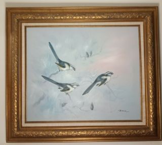 Blue Birds Oil Painting On 20 X 24 Canvas By Bruce.  Signed And Framed