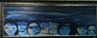 Douglas Staten African American Chicago Artist Signed Blue Heads Painting 