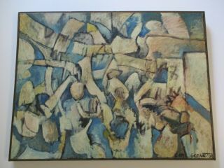 Large Vintage Blue Cubist Cubism Painting Abstract Expressionism 1960 