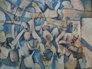 LARGE VINTAGE BLUE CUBIST CUBISM PAINTING ABSTRACT EXPRESSIONISM 1960 ' S MODERN 3