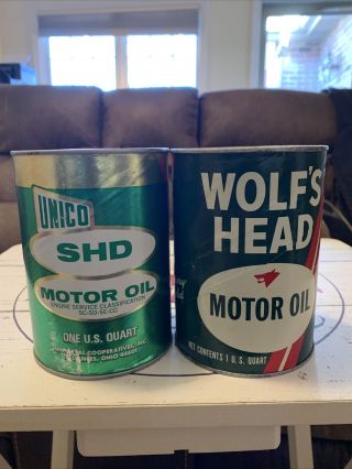 2 Vintage Composite Motor Oil Cans Wolfs Head And Unico Both - Both Full