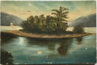 19th Century Primitve Folk Art Oil Painting Hudson River School Island