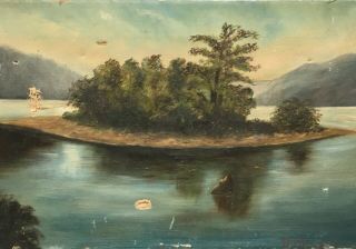 19th Century Primitve Folk Art Oil Painting Hudson River School Island 2