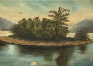 19th Century Primitve Folk Art Oil Painting Hudson River School Island 3