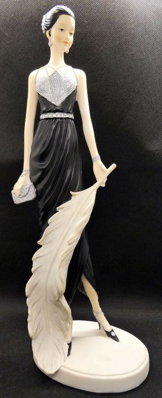 Lovely Art Deco Style Lady In Black With Feather Figurine