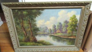 L.  WATTS HUGE OIL ON CANVAS RIVER TREE LANDSCAPE PAINTING 2