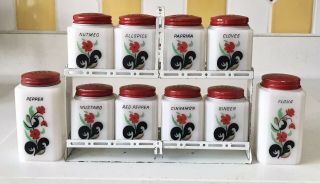 Set Of 10 Vtg Tipp City Milk Glass Spice Shaker Jars Red Top Flower W/rack