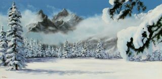 Roberta H.  Clair Misty Snow Scene With Canadian Rockies 24 " X48 " Oil