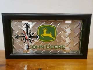 John Deere Framed Clock Diamond Tread Tractor Farm Tag License Plate Deer