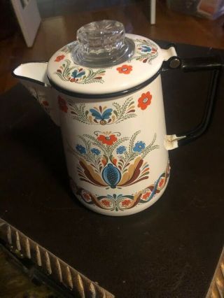 Vintage Swedish Berggren Floral Folk Art Enamelware Coffee Pot