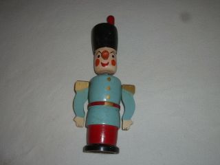 Vintage Wooden Toy Soldier Nodder Coin Bank Wood Bobble Head Doll Figure 12 1/2 "