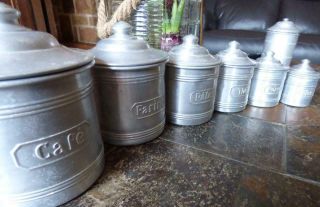 Set Of 6 French Vintage Metal - Alu Canisters