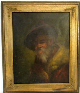 19 Century Old Master Portrait Of Old Bearded Man With The Hat Oil On Canvas