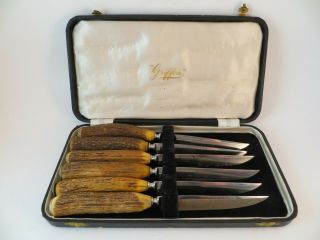 Vintage Set Of 6 Griffon Stag Handled Steak Knives Sheffield England