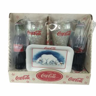 1997 Coca - Cola Polar Bear Christmas Gift Set Coke Glasses And White Tray