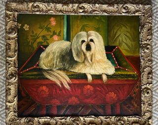 19th Century Folk Art Oil Painting Dog Shih Tzu Gilt Shell Frame
