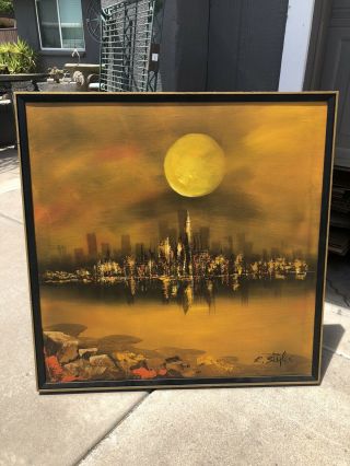 Mid Century Modern Framed Cityscape Painting On Canvas Signed R.  Styles 1970s