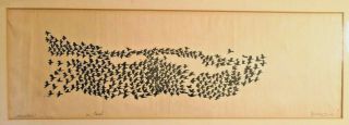 Vintage 1950s Signed Black Watercolor Painting Flying Birds Framed 26 " X 12 "