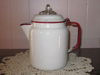 Vintage Red & White Tin Enamel Coffee Pot With Glass Top & Coffee Grounds Holder
