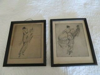 2 Old Vintage SKETCHES ETCHING DRAWINGS Women Signed ANNE GOLDTHWAITE Framed 2