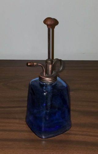 Vintage Small Cobalt Blue Glass And Brass Olive Oil Pump Dispenser.  Thumb Handle