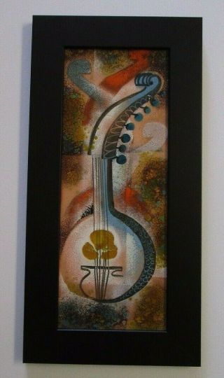 Mid Century Modern Painting Enamel On Copper Abstract Musical Instrument 1960