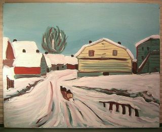 Country Folk Art Winter Landscape Oil Painting Canvas 30x24