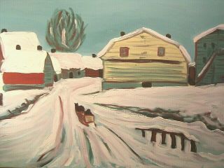Country Folk Art Winter Landscape Oil Painting Canvas 30x24 2